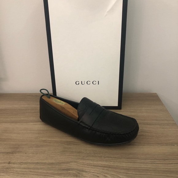 Gucci GG Logo Stamp Penny Loafers Moccasins Black Leather Men's SHOES 7.5 G 8 US - Picture 1 of 12